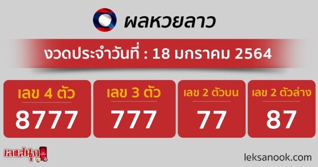 ผลหวยลาว วันที่ 18 ม.ค. 64