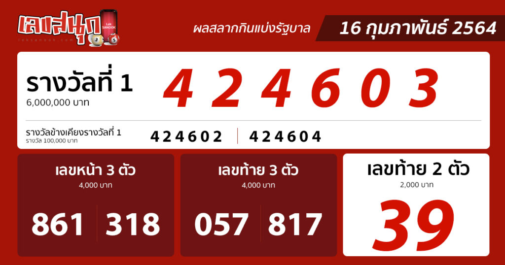 ตรวจหวย 16 กุมภาพันธ์ 2564