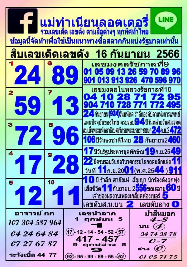 เลขแม่ทำเนียน 16 9 66