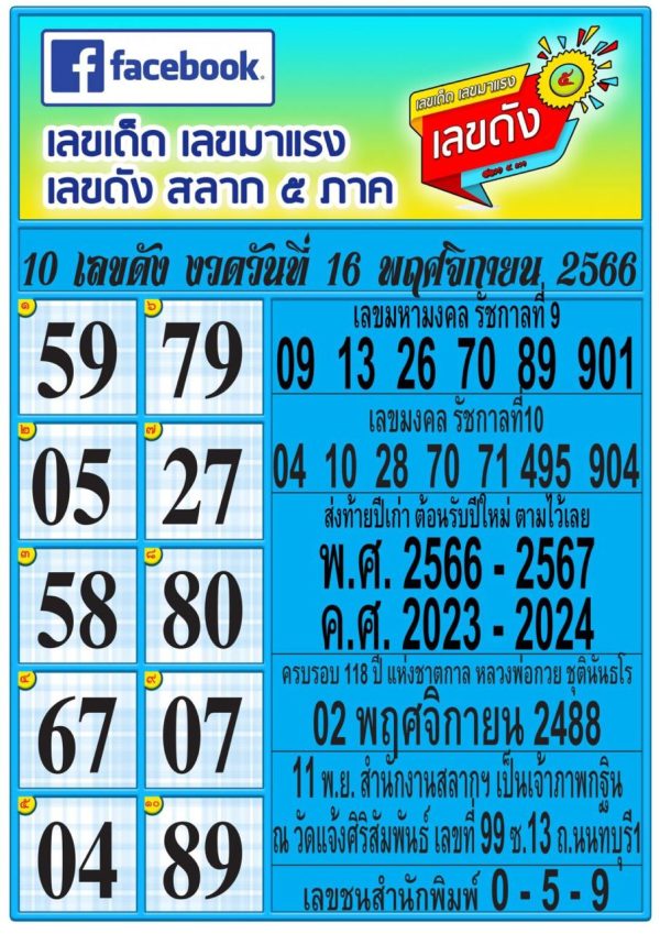 เลขสลาก 5 ภาค-"Lottery numbers from 5 agencies"