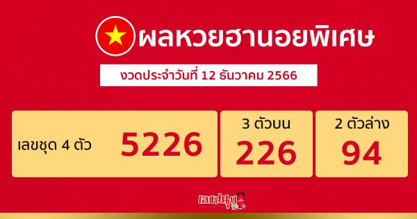 ผลหวยฮานอยพิเศษ 12/12/66 -"Special Hanoi results past"