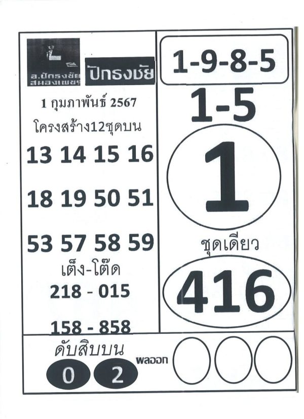 เลขปักธงชัย 1 02 67 ชุดบน-"Pak Thongchai number 1 02 67 on"