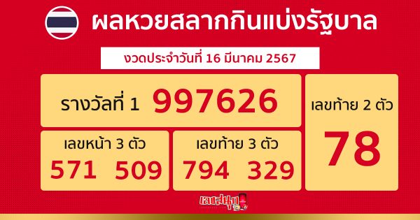 ผลหวยรัฐบาลไทย 16/03/67 -"Thai government lottery results 16/03/67"