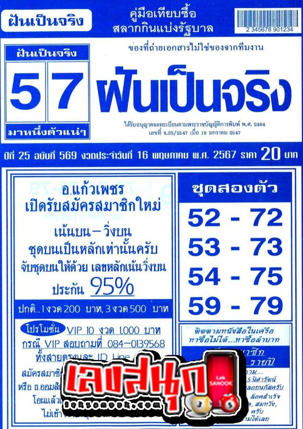เลขฝันเป็นจริง 16 5 67-"Dream numbers come true: 16 5 67"