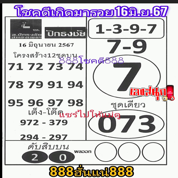 เลขปักธงชัยบน-ล่าง 16 6 67-"Top-bottom Pakthongchai numbers 16 6 67"