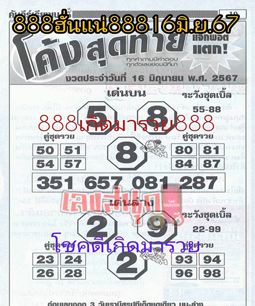เลขโค้งสุดท้าย 16 6 67 -"Thairath lucky numbers last curve"