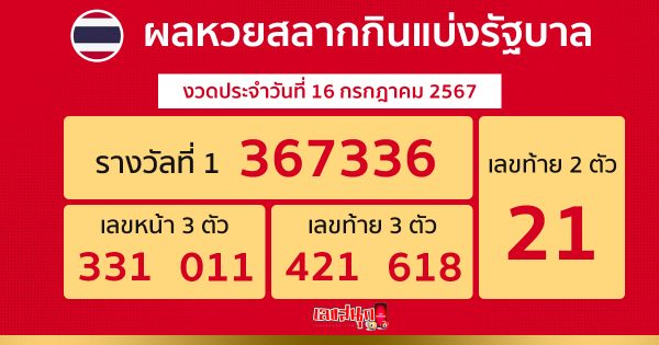 ผลหวยรัฐบาลไทย 16/7/67-"Thai government lottery results 16767"