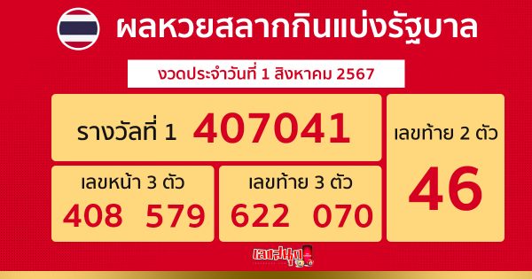 ผลหวยรัฐบาลไทย 1/08/67 -"Thai government lottery results 1/08/67"