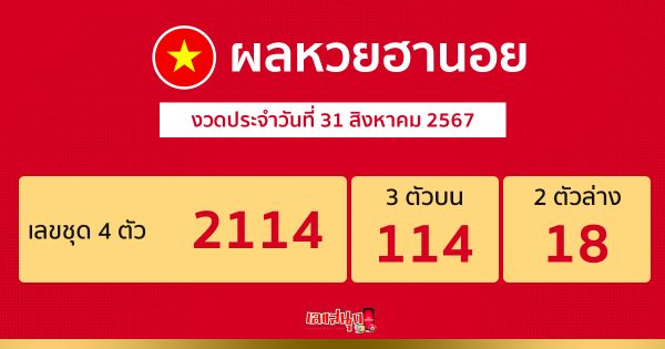ผลหวยฮานอย 31/08/67-"Hanoi lottery results 31-08-67"