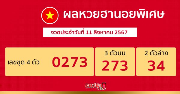ผลหวยฮานอยพิเศษ 11/08/67 -"Special Hanoi lottery results 11/08/67"
