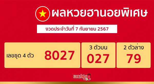 ผลหวยฮานอยพิเศษ 7/9/67-"Special Hanoi lottery results 7967"