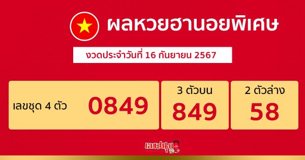 ผลหวยฮานอยพิเศษ 16/09/67 -"Special Hanoi lottery results 16/09/67"