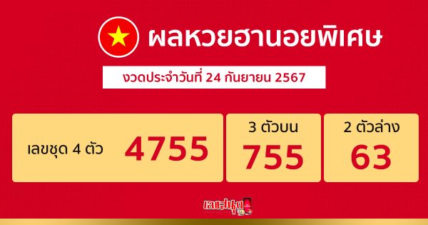 ผลหวยฮานอยพิเศษ 24/09/67 -"Special Hanoi lottery results 24-09-67"