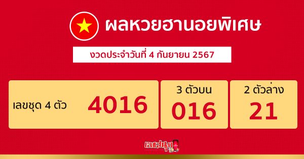 ผลหวยฮานอยพิเศษ 4/9/67 - "Special Hanoi lottery results 4.9.67"