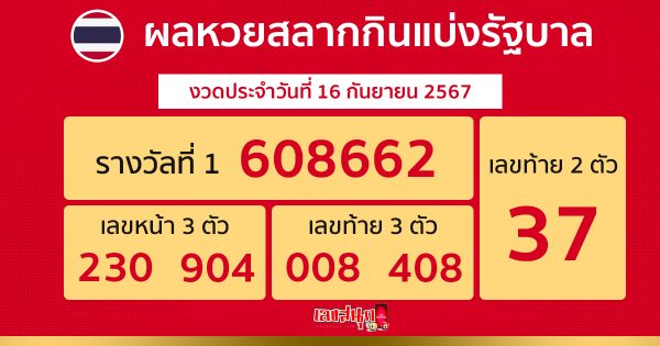 ผลหวยรัฐบาลไทย 16/09/67 -"Thai government lottery results 16/09/67"