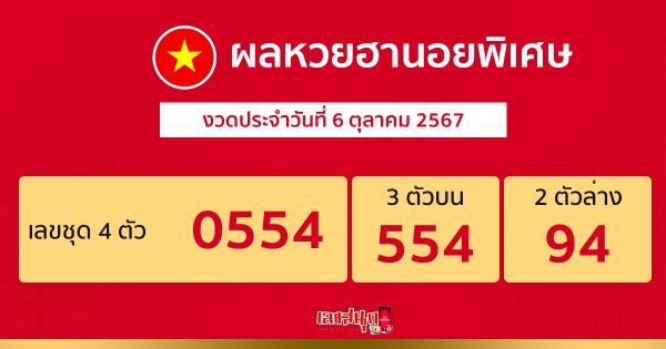 ผลหวยฮานอยพิเศษ 6/10/67 - "Special Hanoi lottery results 6.10.67"