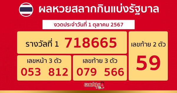ผลหวยรัฐบาลไทย 1/10/67 -" thai government lottery results 1-10-67"