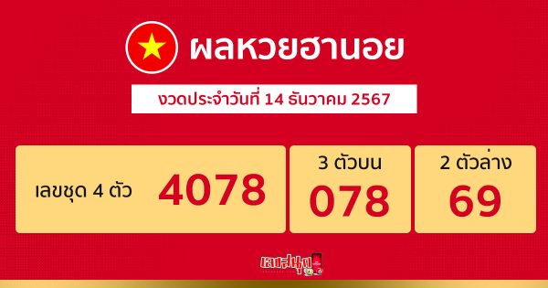 ผลหวยฮานอย 14/12/67 -"Hanoi lottery results 14-12-67"