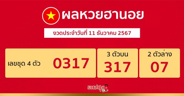 ผลหวยฮานอย 11/12/67-"Hanoi lottery results 111267"
