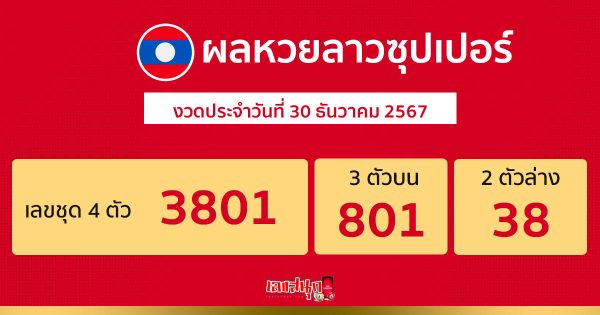 ผลหวยลาวซุปเปอร์ 30/12/67 -"Lao Super Lottery results today"