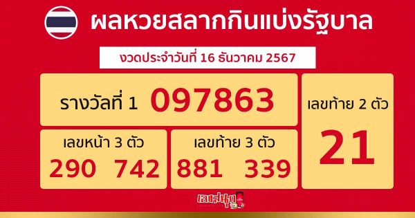 ผลหวยรัฐบาลไทย 16/12/67 - "Thai Government Lottery Results 16.12.67"