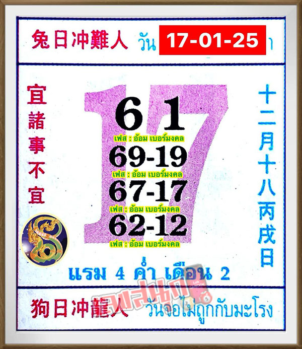 เลขปฏิทิน 17 1 68-"Calendar number"