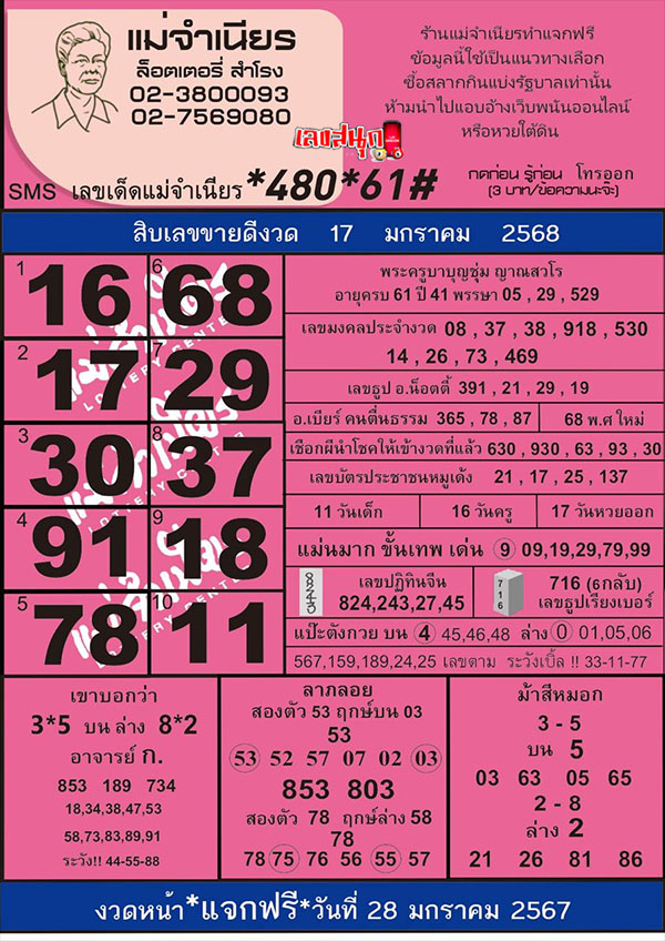 เลขแม่จำเนียร 17 1 68-"Mae Chamnian number 17 1 68"