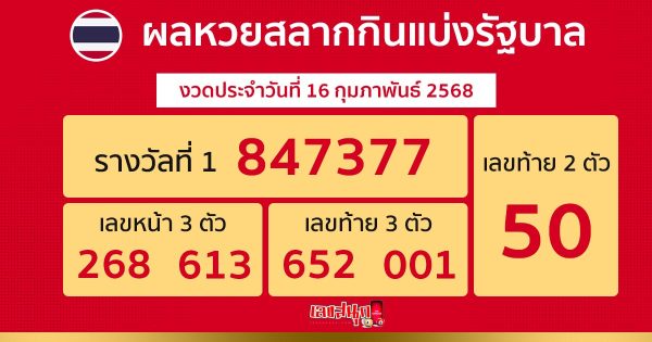 รูปภาพผลหวยรัฐบาลไทยงวดวันที่16ก.พ.68ของ lekdedonline