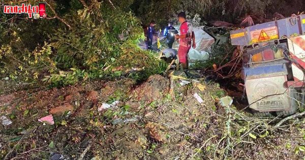 รูปภาพรถเทรลเลอร์บรรทุกฝ้าเพดานเสียหลักตกข้างทางของ heng99