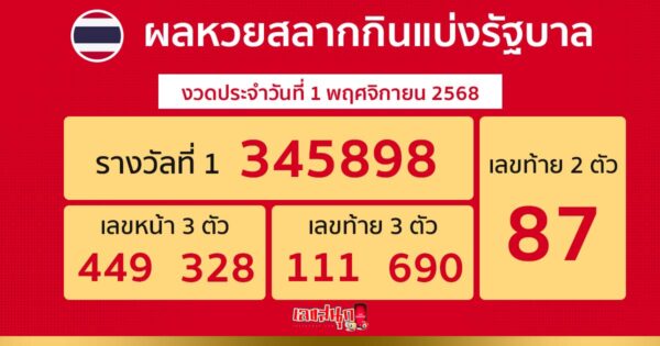 รูปภาพผลหวยรัฐบาลไทยวันที่ 1 พ.ย. 2568 ของ heng99